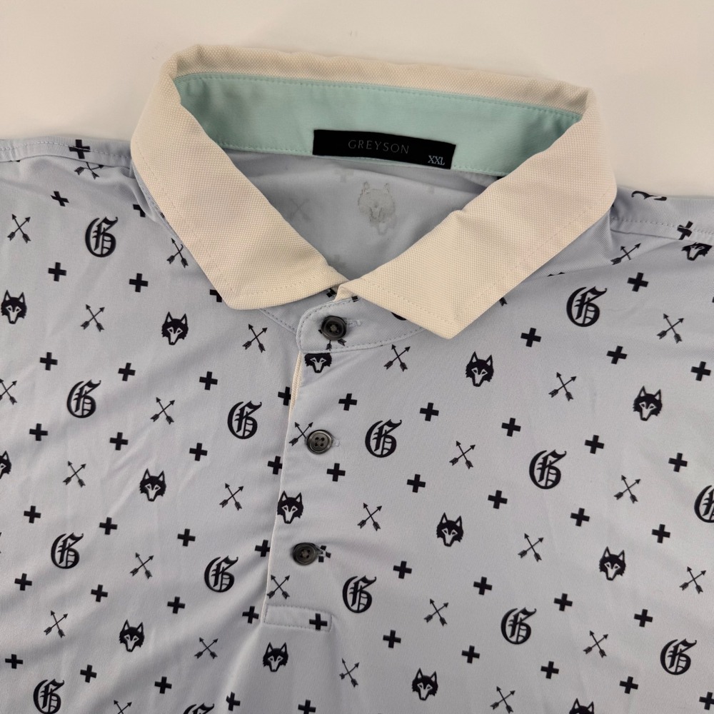 Greyson Polo Shirt Mens XXL Blue Wolf Arrow Logo Print Performance Golf Top